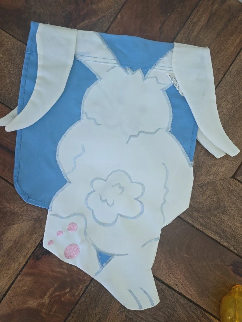 Kids Bunny Easter Garden Flag- White & Blue with Vintage Plastic Containers